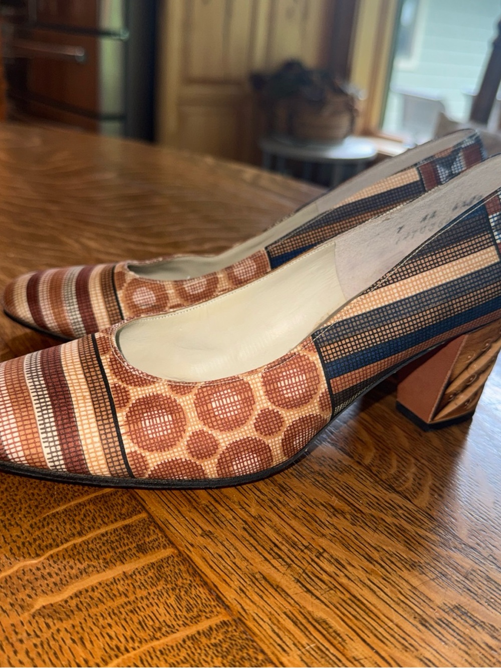 Striped and Dot Pattern Block Heel Pumps in Brown and Tan